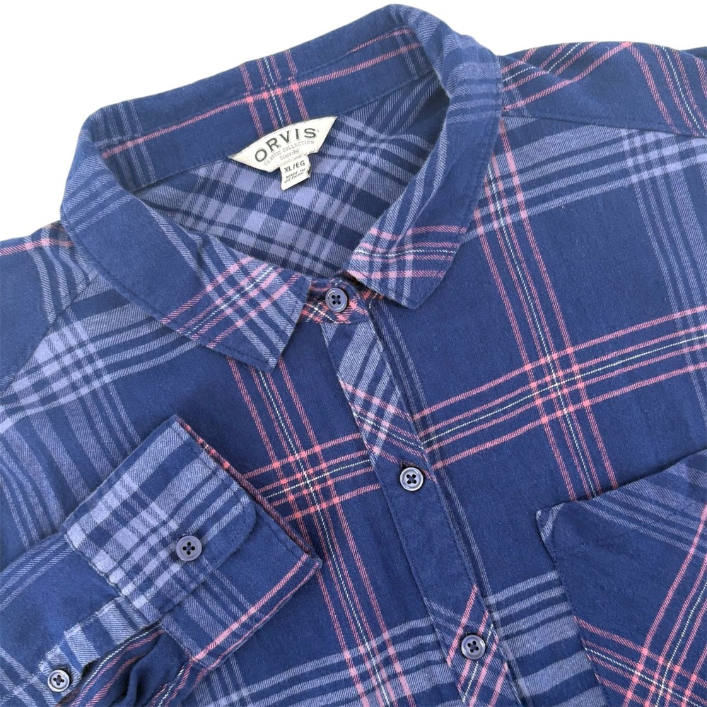 Orvis Womens XL Blue Pink Plaid Cotton Blend Long Sleeve Button Down Shirt 531